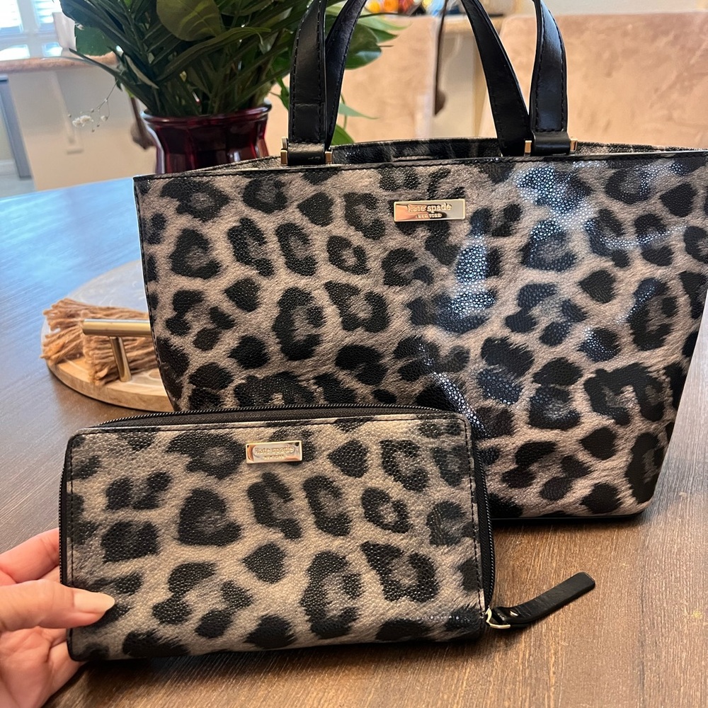 kate spade Black and Gray Leopard Tote with Matching Wallet